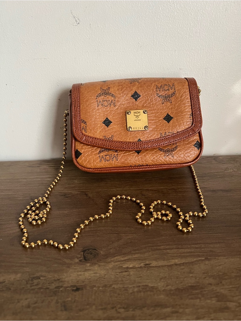 MCM Cognac Visetos Mini Crossbody with Gold Chain